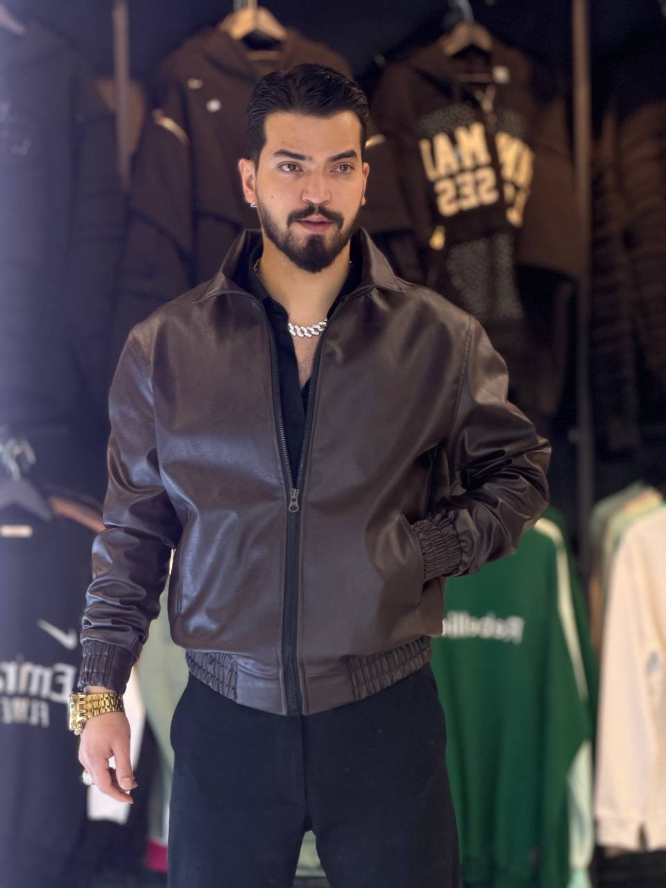 کاپشن چرم خلبانی قهوه ای سوخته کد 10024